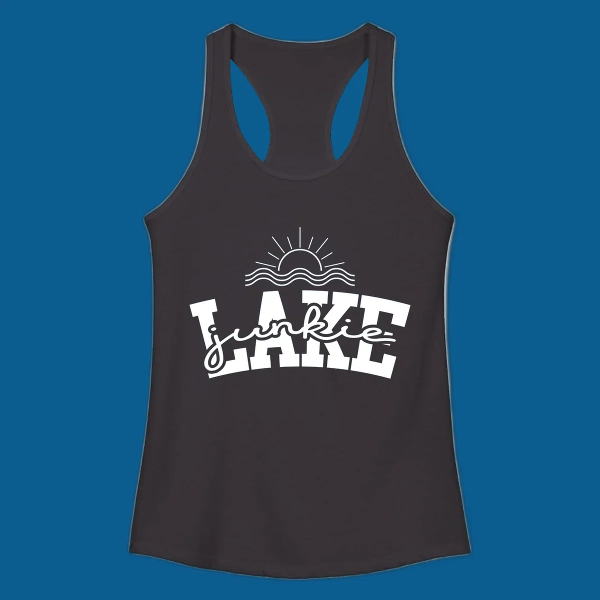 Lake Junkie graphic with sun and waves over text, for lake enthusiasts.