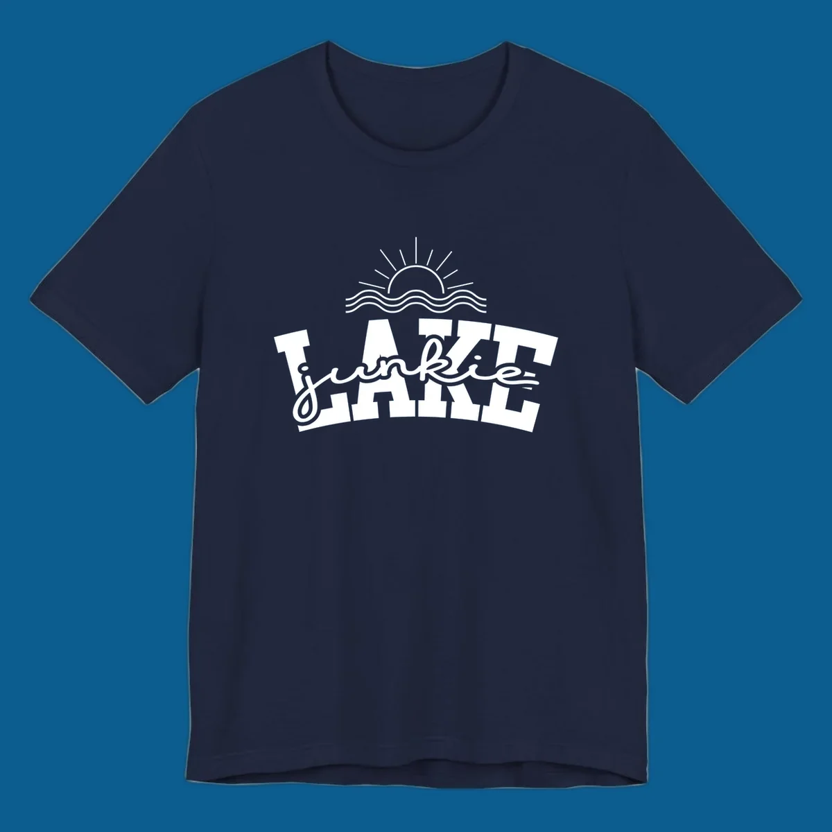 Lake Junkie graphic with sun and waves over text, for lake enthusiasts.