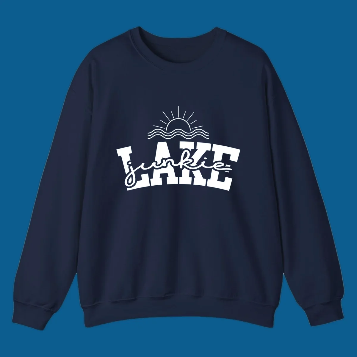 Lake Junkie graphic with sun and waves over text, for lake enthusiasts.