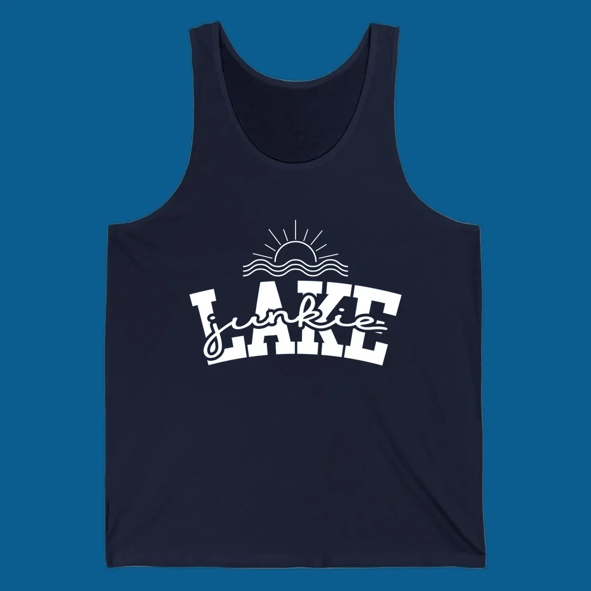 Lake Junkie graphic with sun and waves over text, for lake enthusiasts.