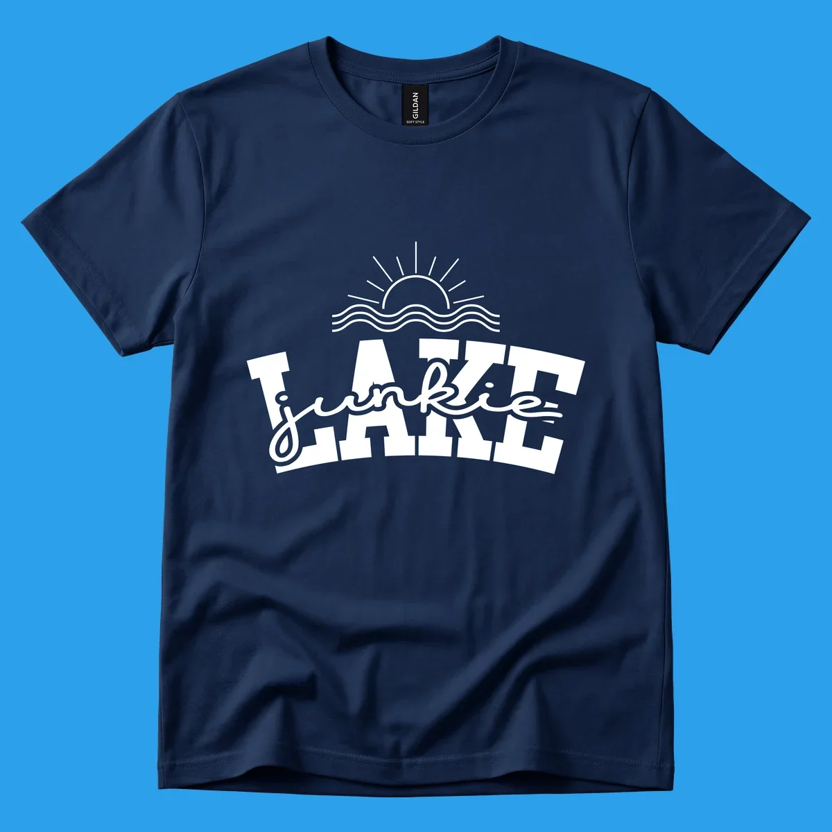 Lake Junkie graphic with sun and waves over text, for lake enthusiasts.