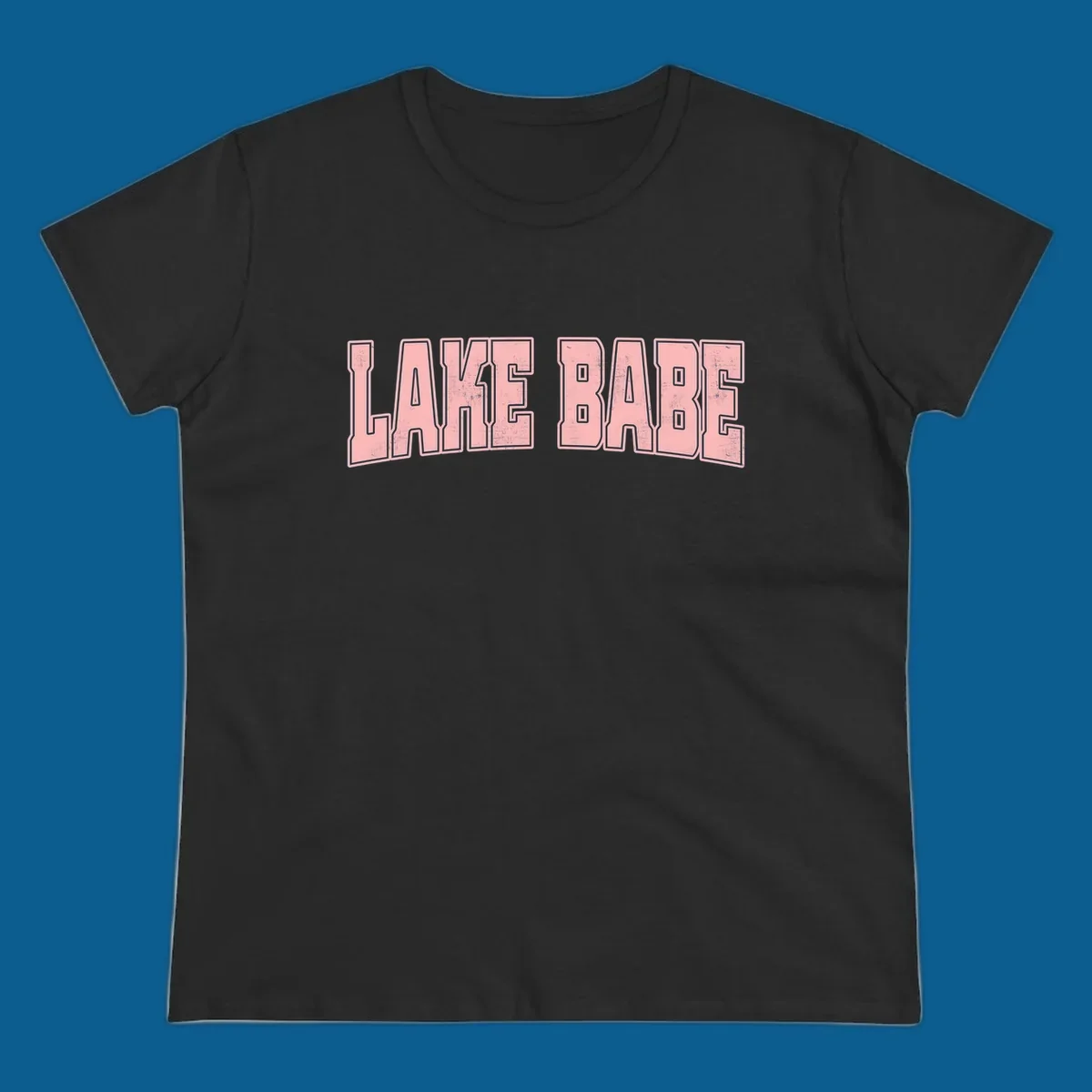 Lake Babe text design in pink with distressed texture and black outline.