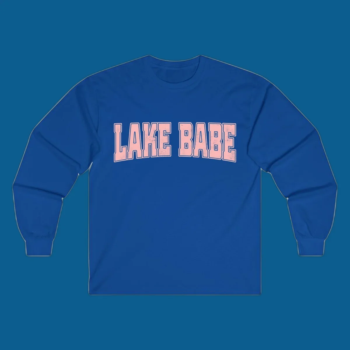 Lake Babe text design in pink with distressed texture and black outline.