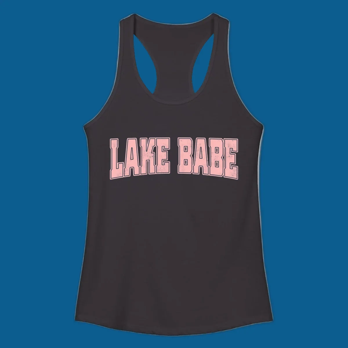 Lake Babe text design in pink with distressed texture and black outline.