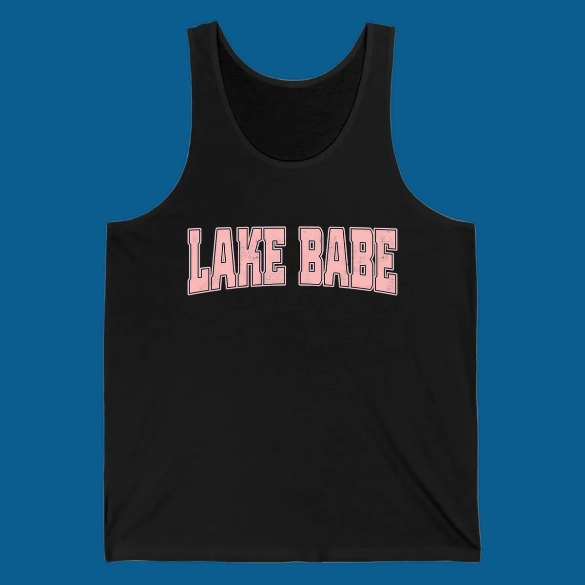 Lake Babe text design in pink with distressed texture and black outline.