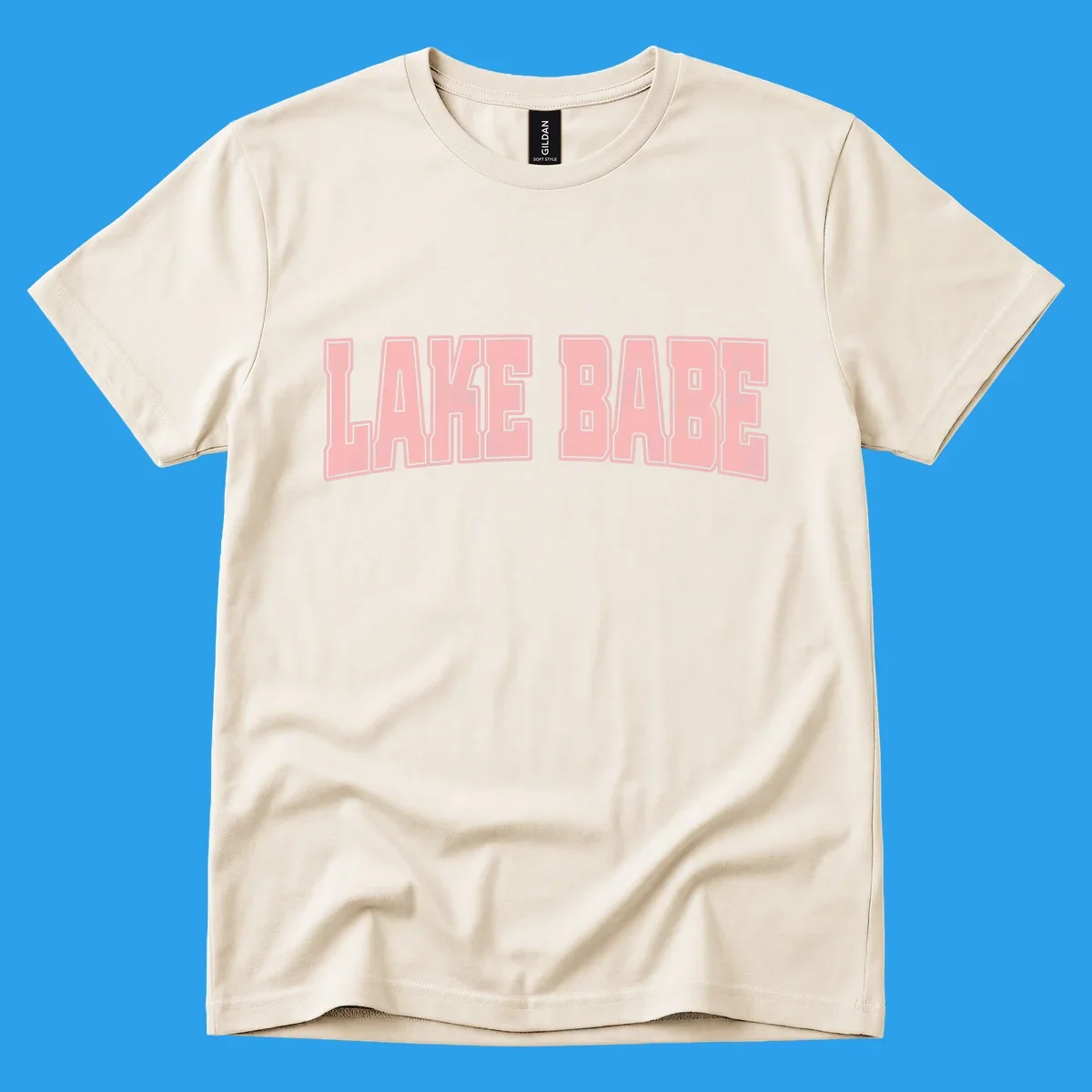 Lake Babe text design in pink with distressed texture and black outline.