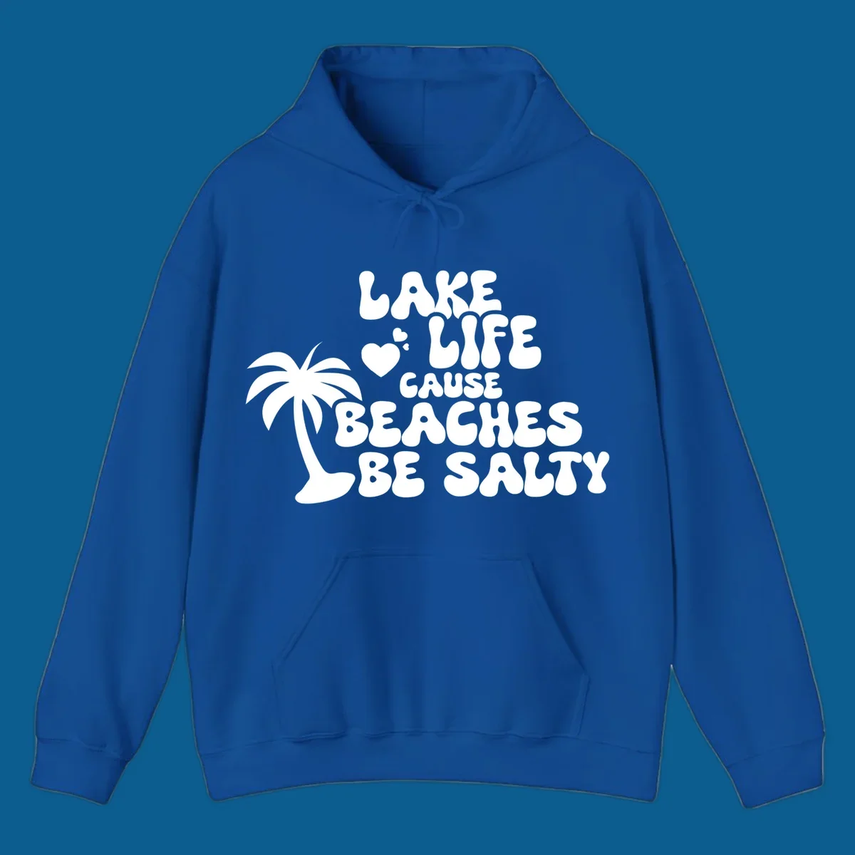 Lake life cause beaches be salty text with palm tree and hearts.