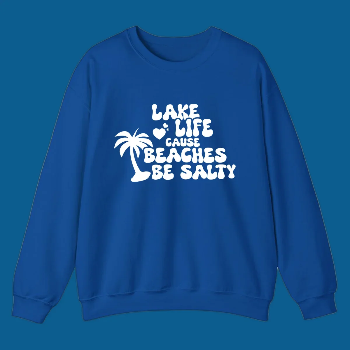 Lake life cause beaches be salty text with palm tree and hearts.