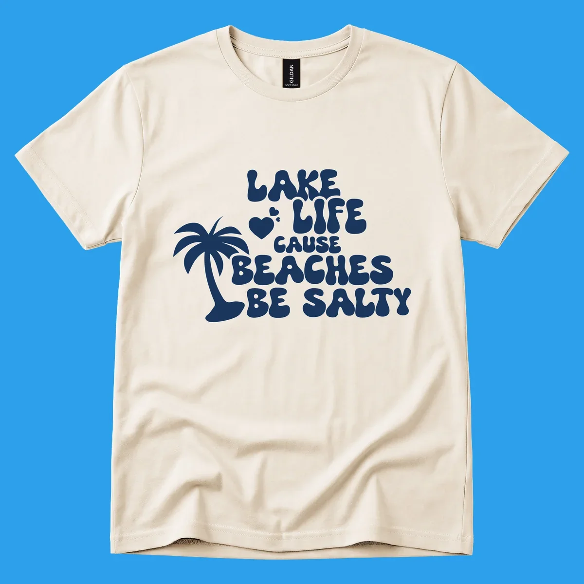 Lake life cause beaches be salty text with palm tree and hearts.