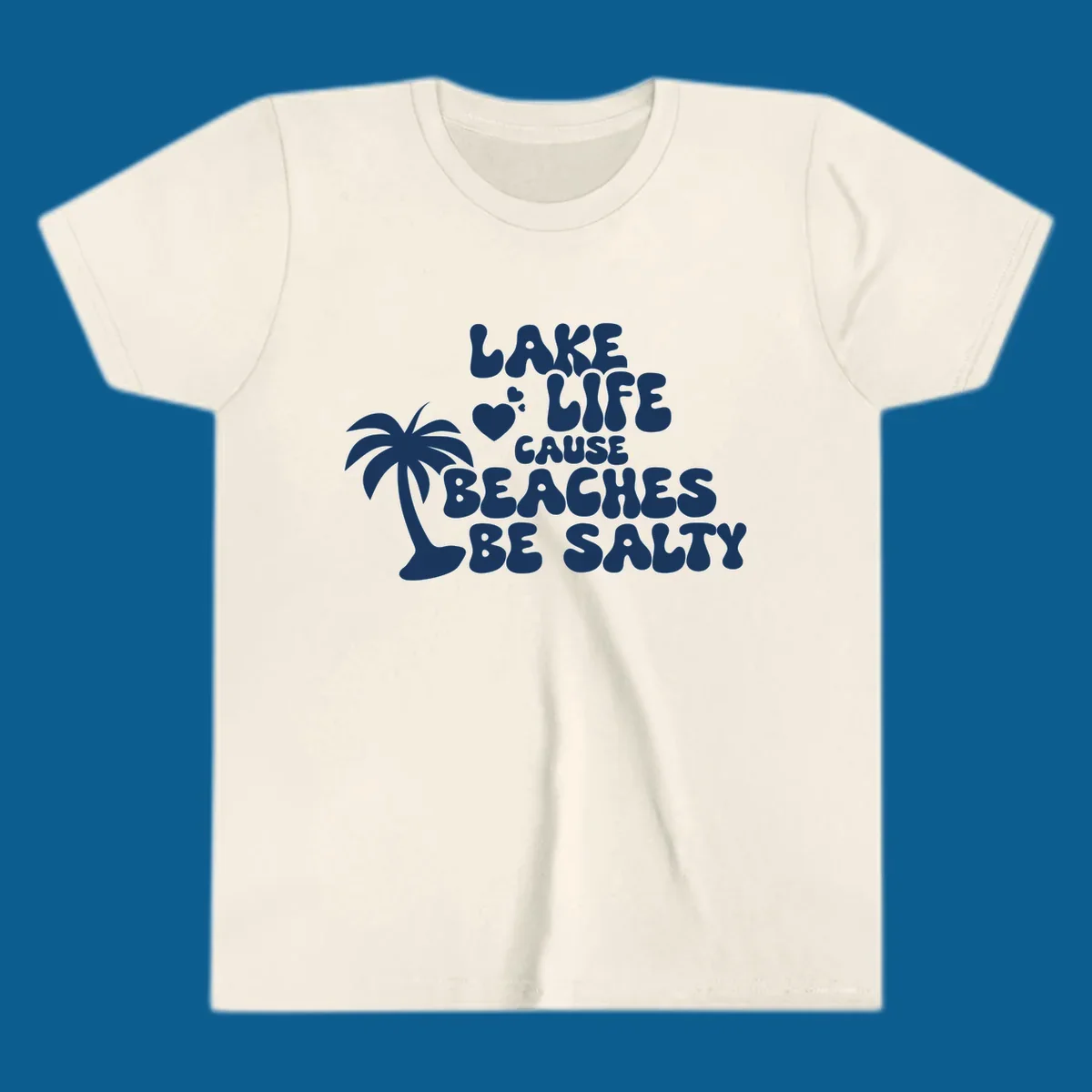 Lake life cause beaches be salty text with palm tree and hearts.