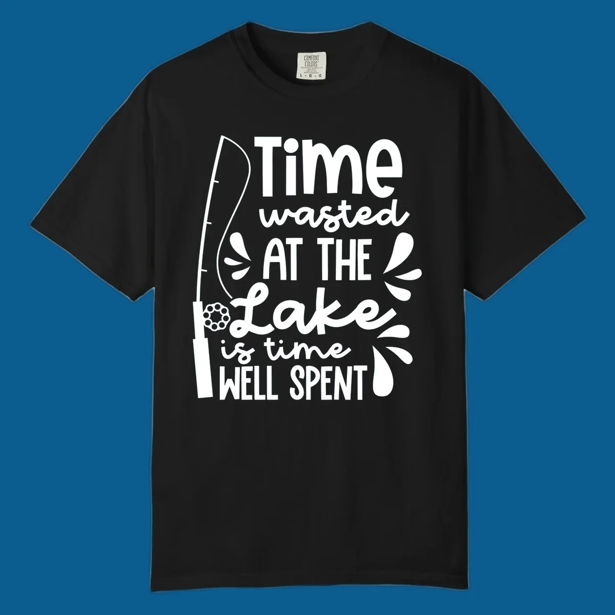 Lake life fishing quote design with fishing rod and text.