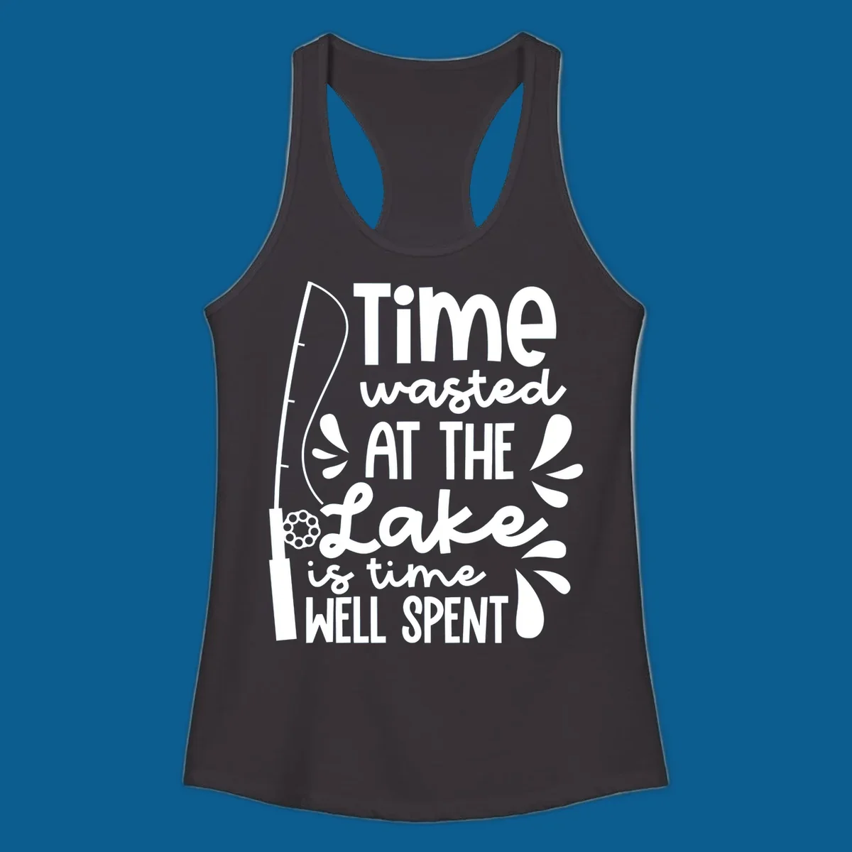 Lake life fishing quote design with fishing rod and text.
