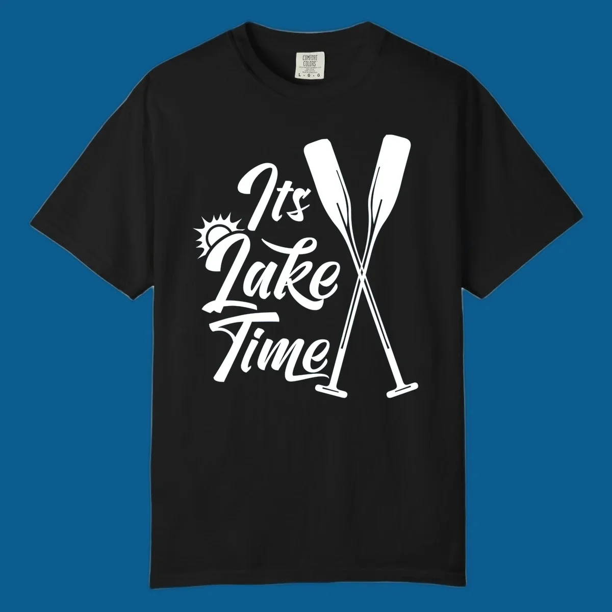 It's Lake Time text with sun and oars graphic