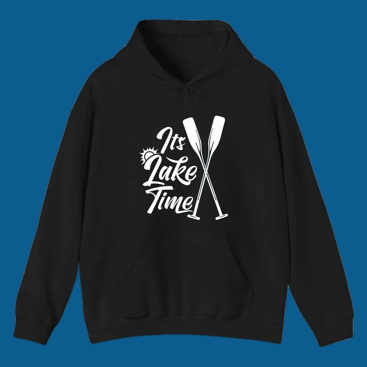 It's Lake Time text with sun and oars graphic