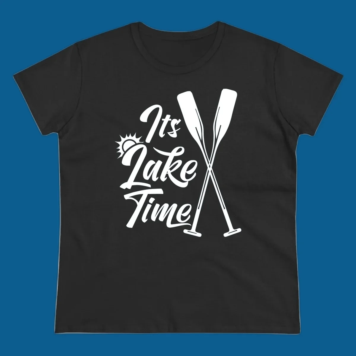 It's Lake Time text with sun and oars graphic