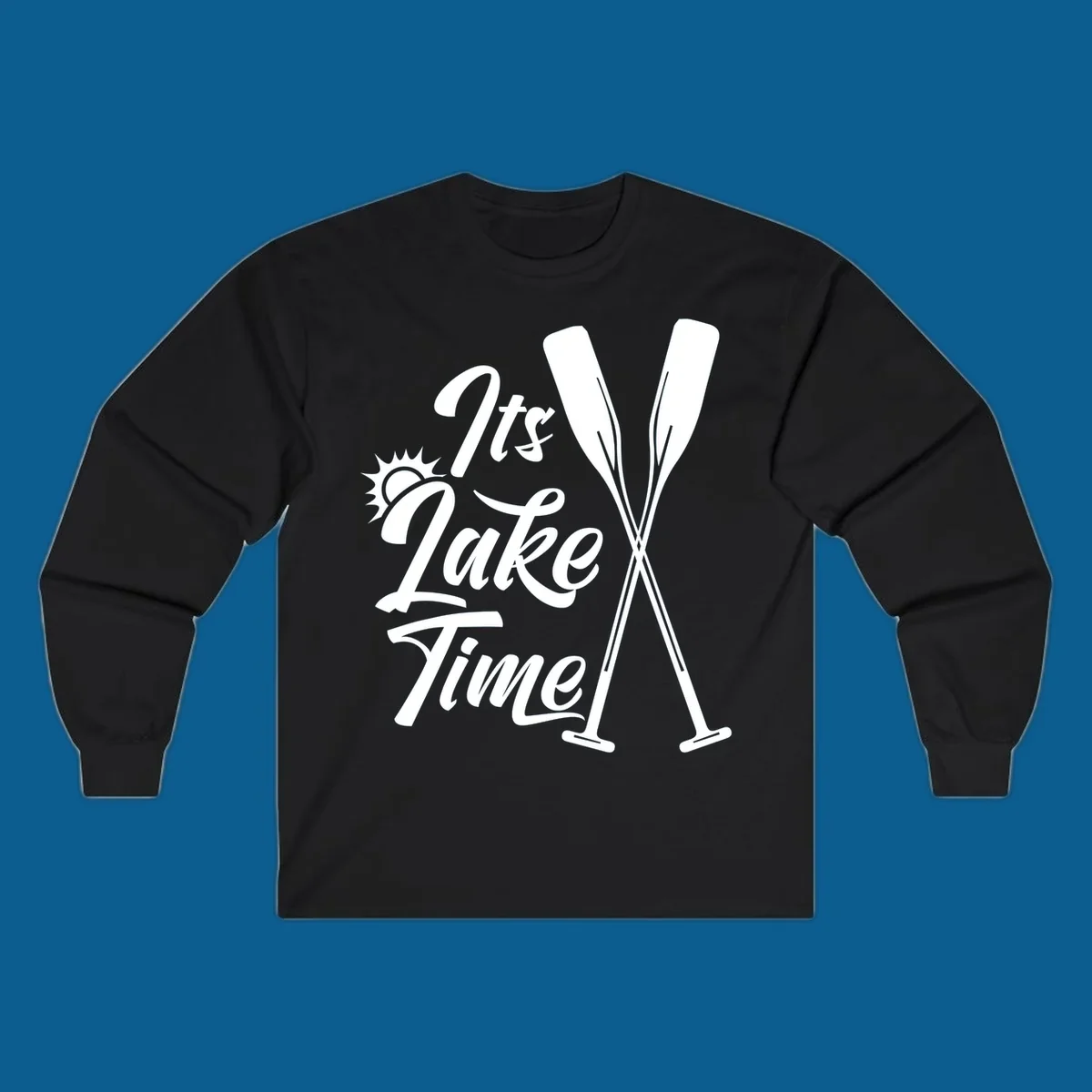 It's Lake Time text with sun and oars graphic