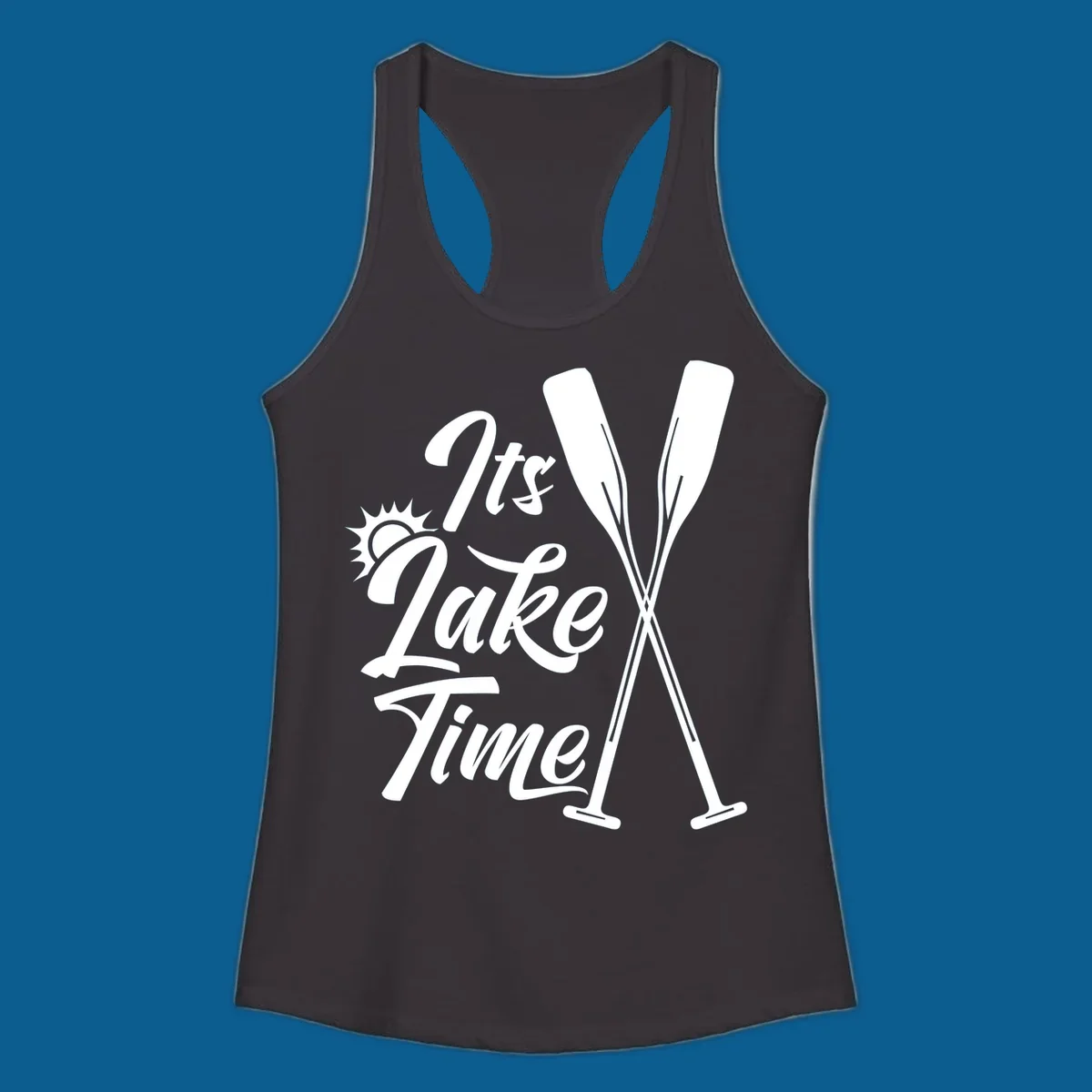 It's Lake Time text with sun and oars graphic