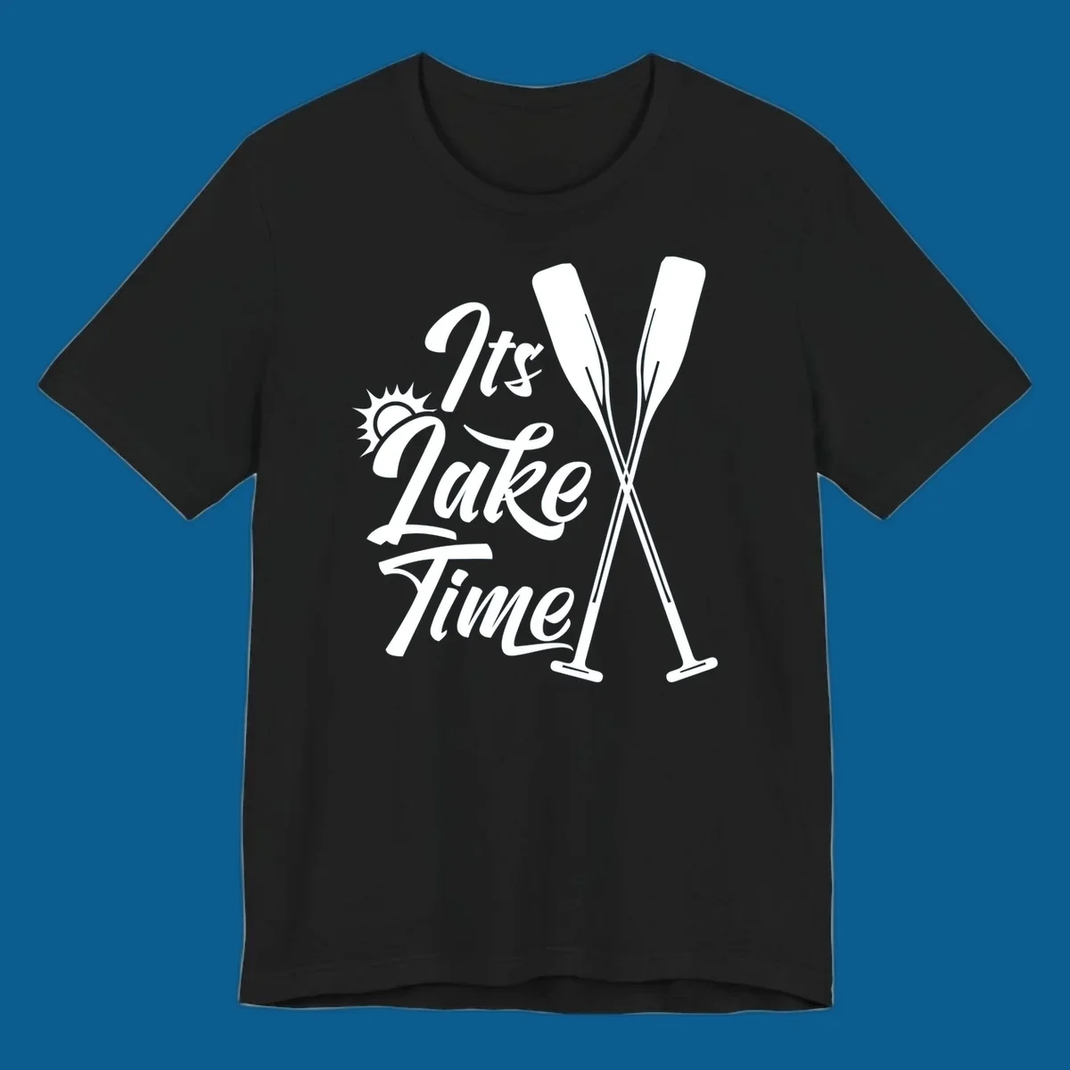 It's Lake Time text with sun and oars graphic