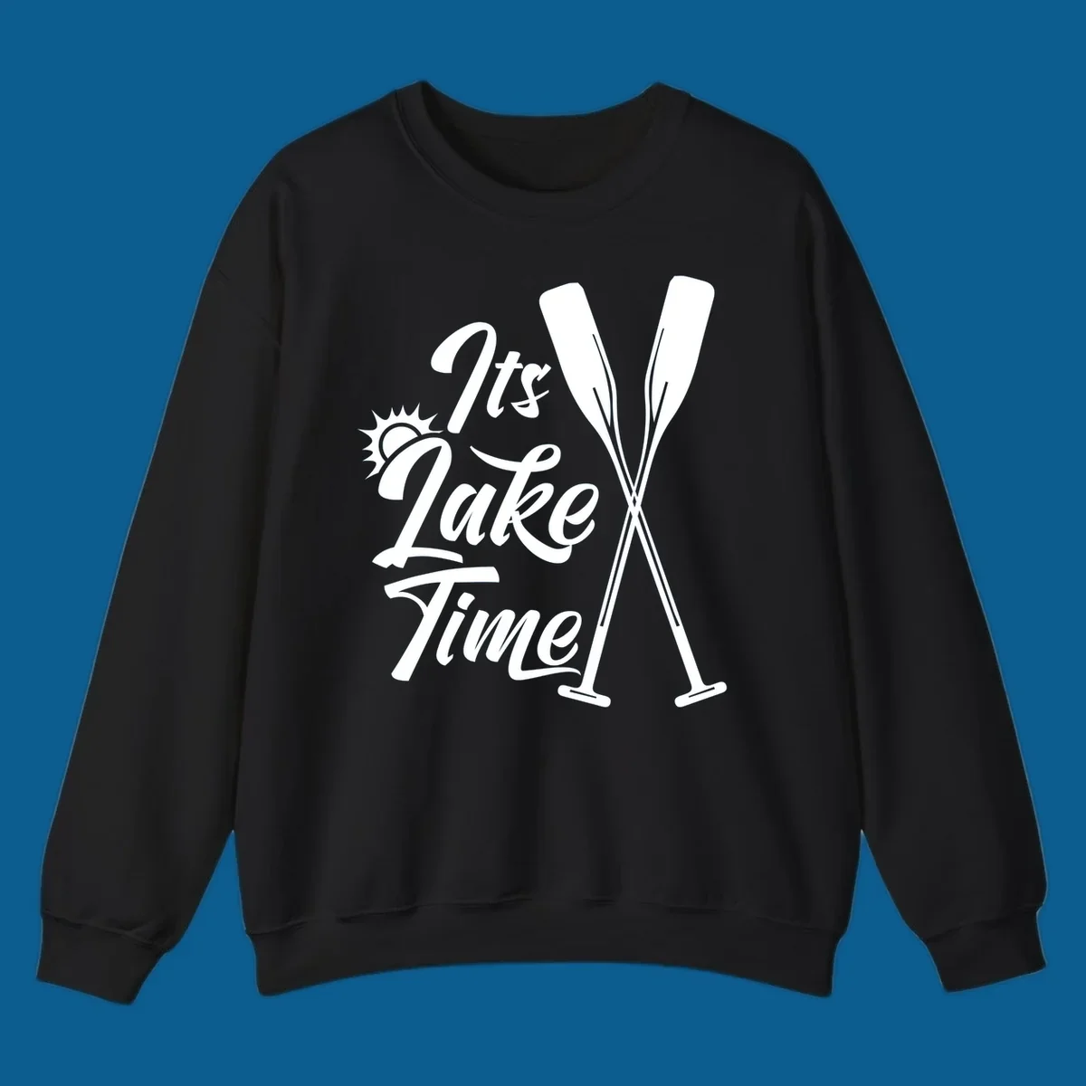 It's Lake Time text with sun and oars graphic
