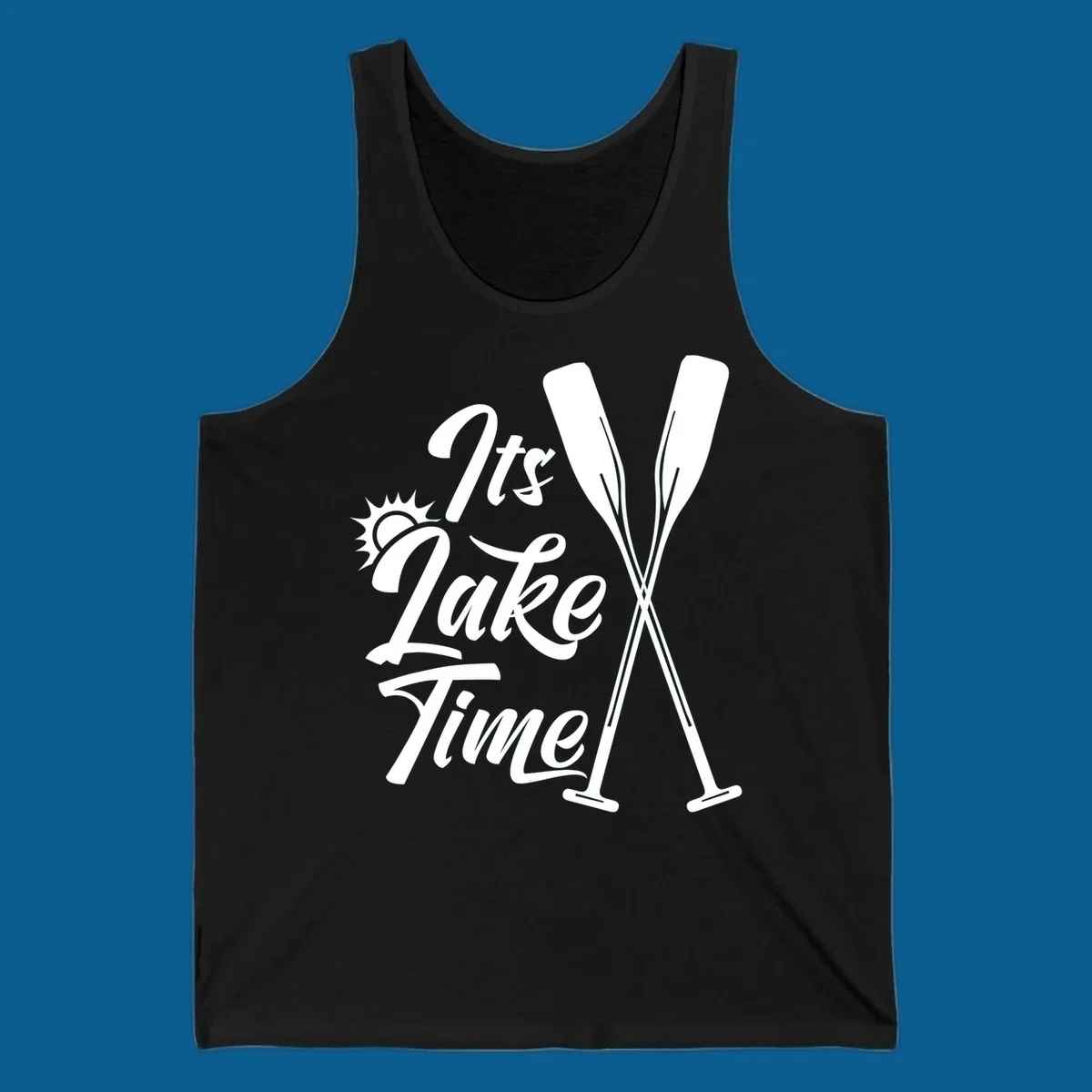 It's Lake Time text with sun and oars graphic