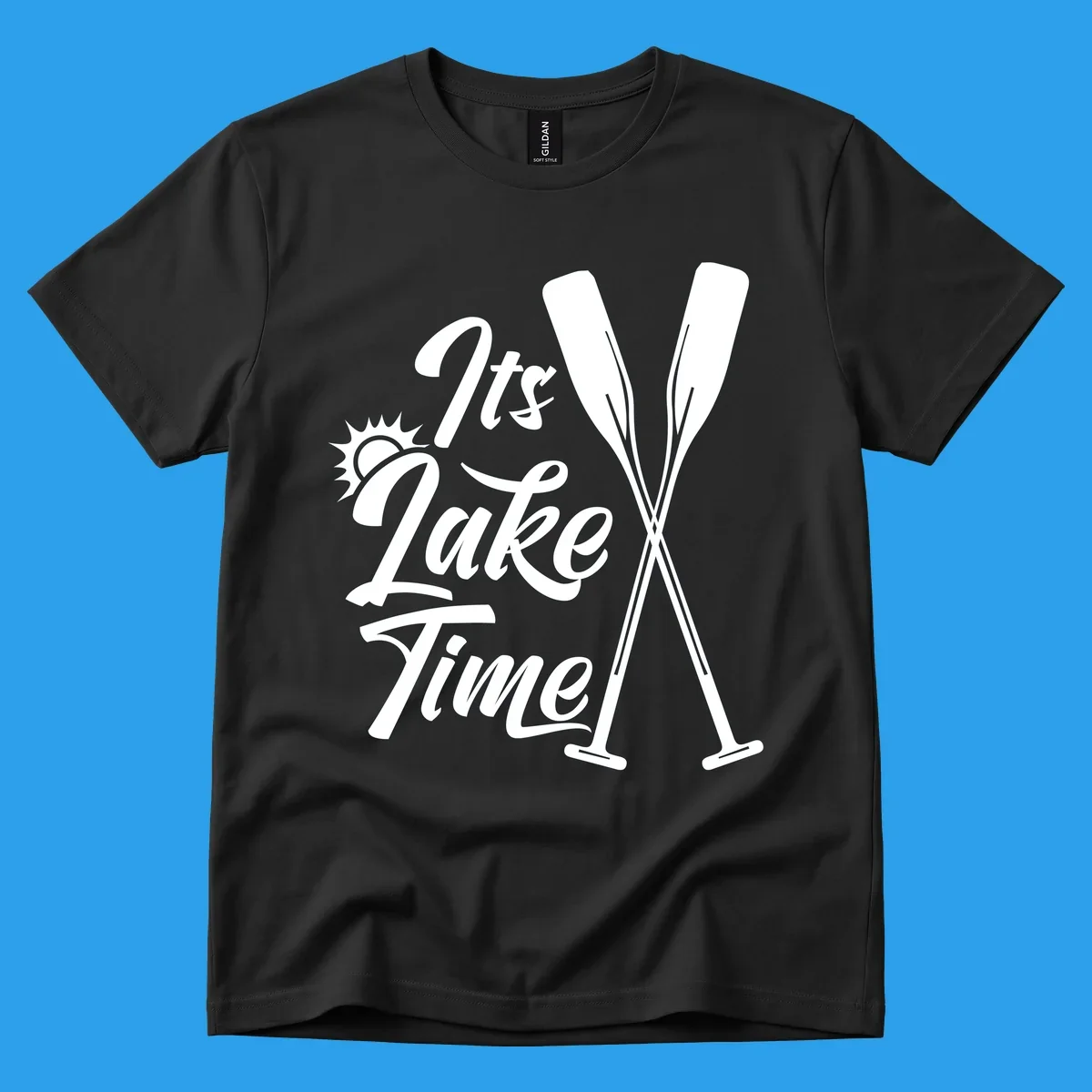 It's Lake Time text with sun and oars graphic