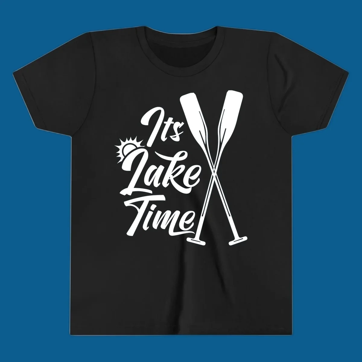 It's Lake Time text with sun and oars graphic