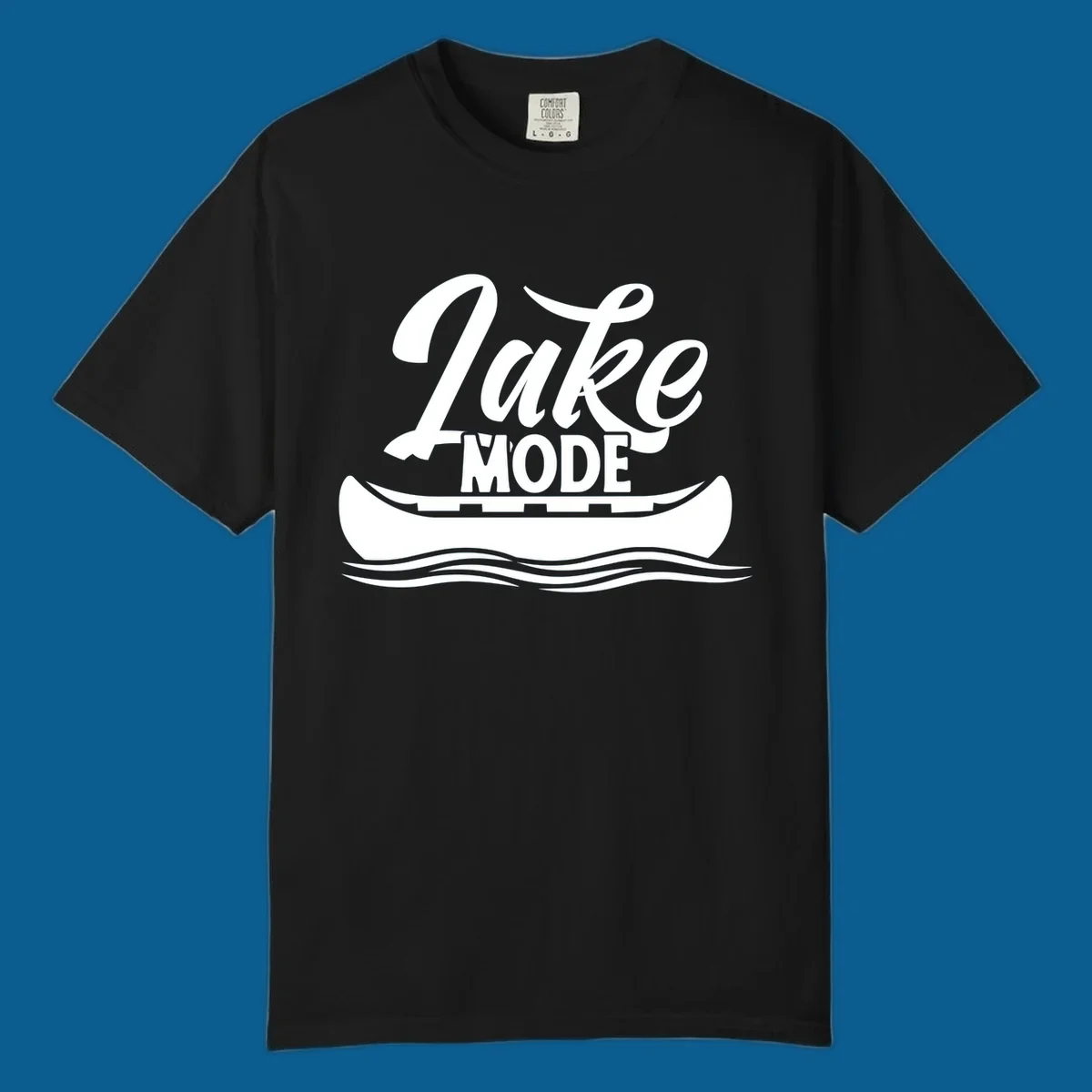 Lake Mode text with canoe and water waves graphic. lake-mode-canoe