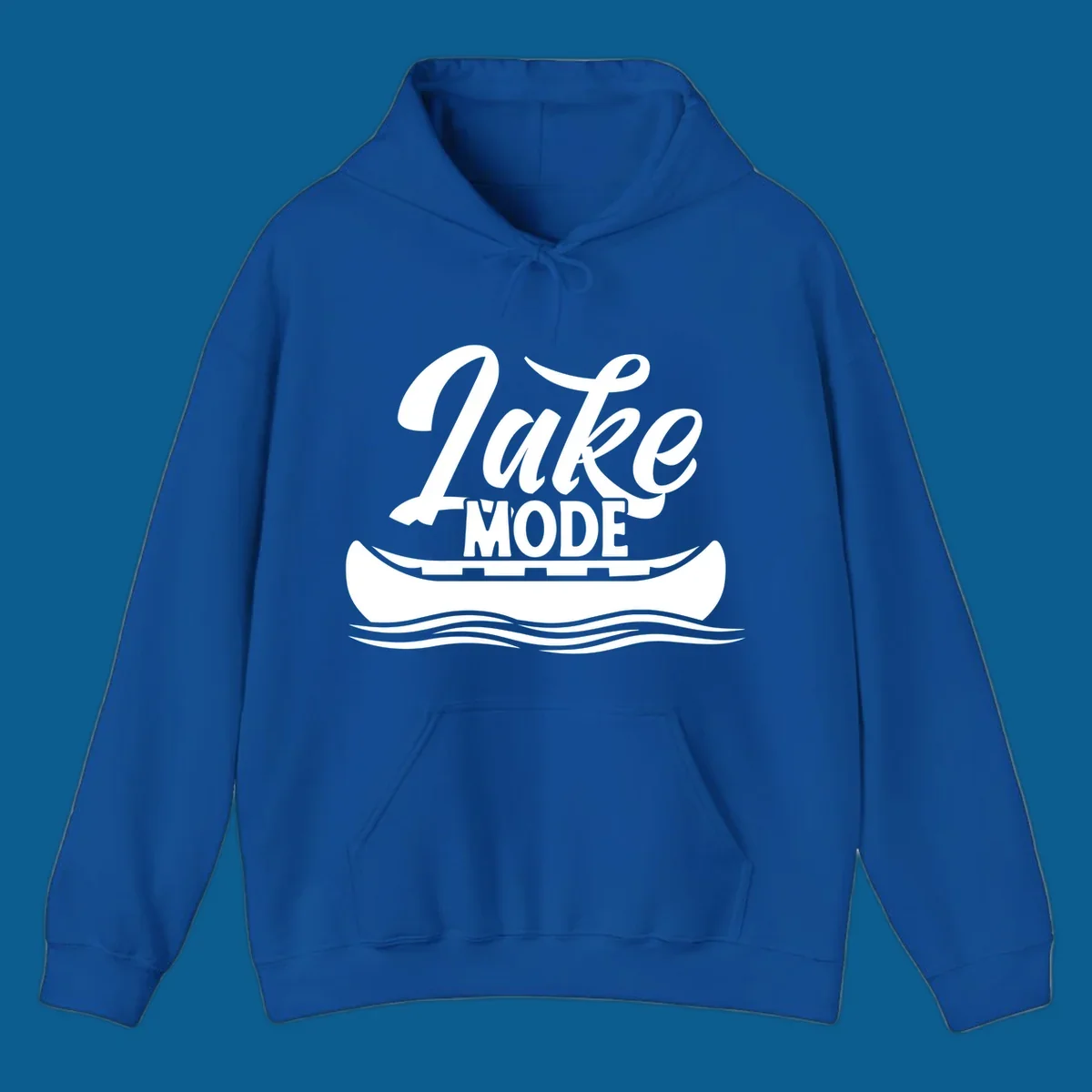 Lake Mode text with canoe and water waves graphic. lake-mode-canoe