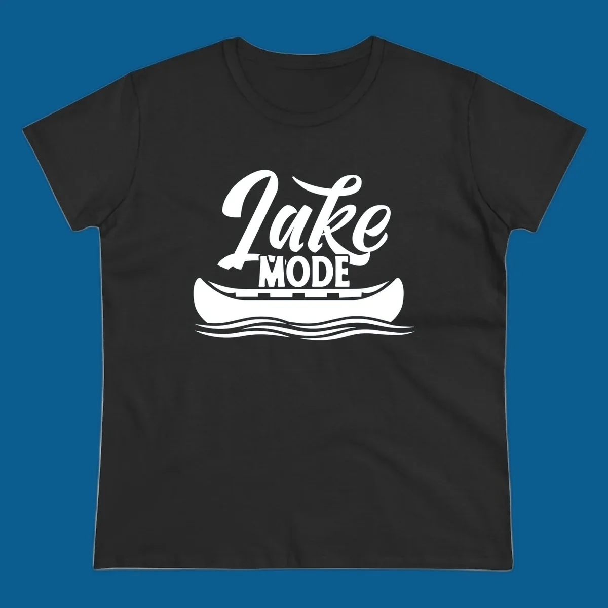 Lake Mode text with canoe and water waves graphic. lake-mode-canoe
