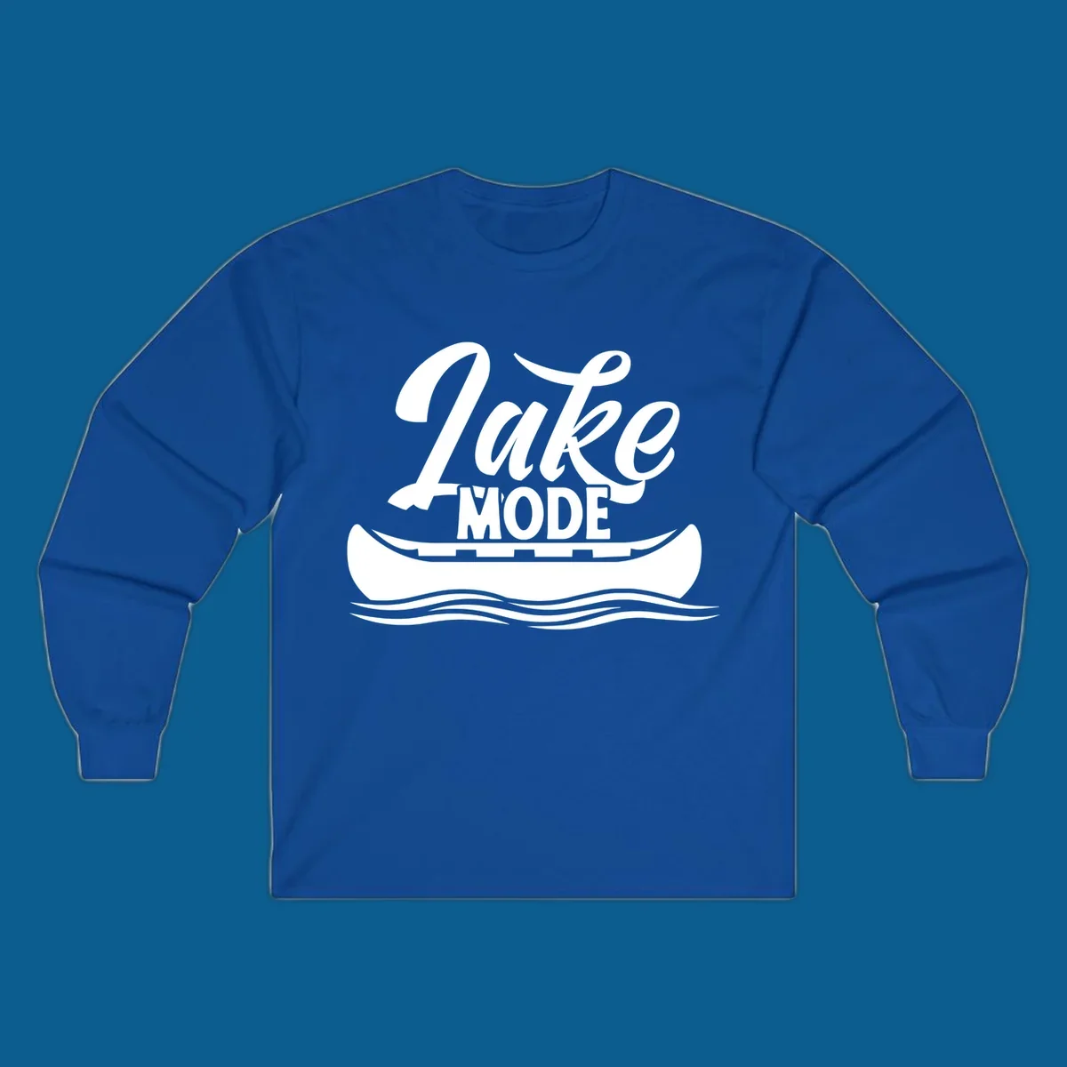 Lake Mode text with canoe and water waves graphic. lake-mode-canoe
