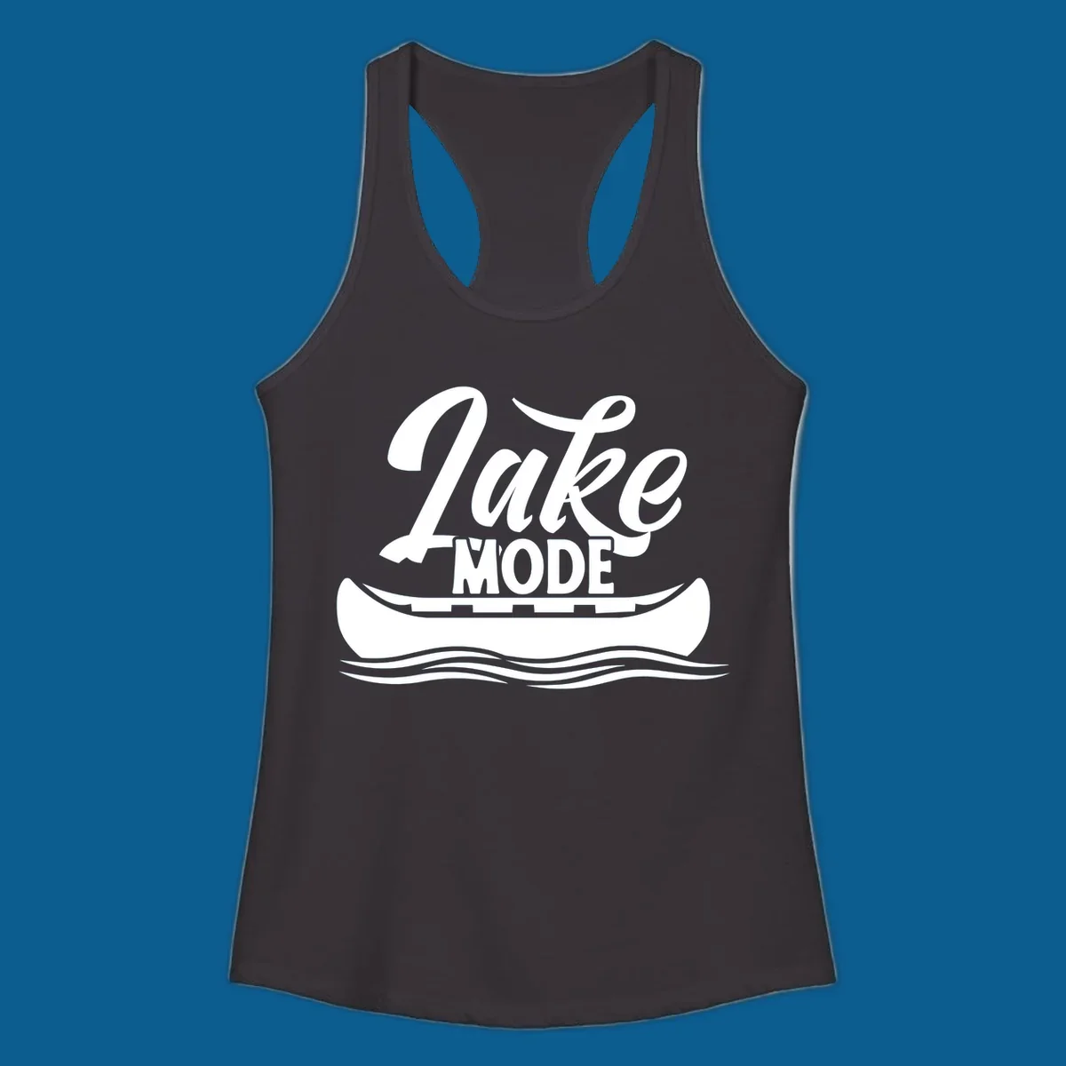 Lake Mode text with canoe and water waves graphic. lake-mode-canoe