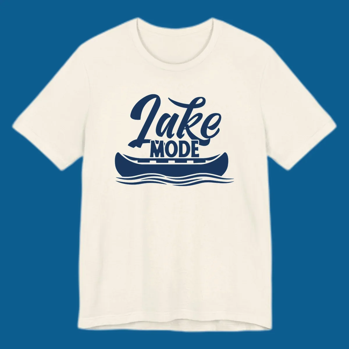 Lake Mode text with canoe and water waves graphic. lake-mode-canoe