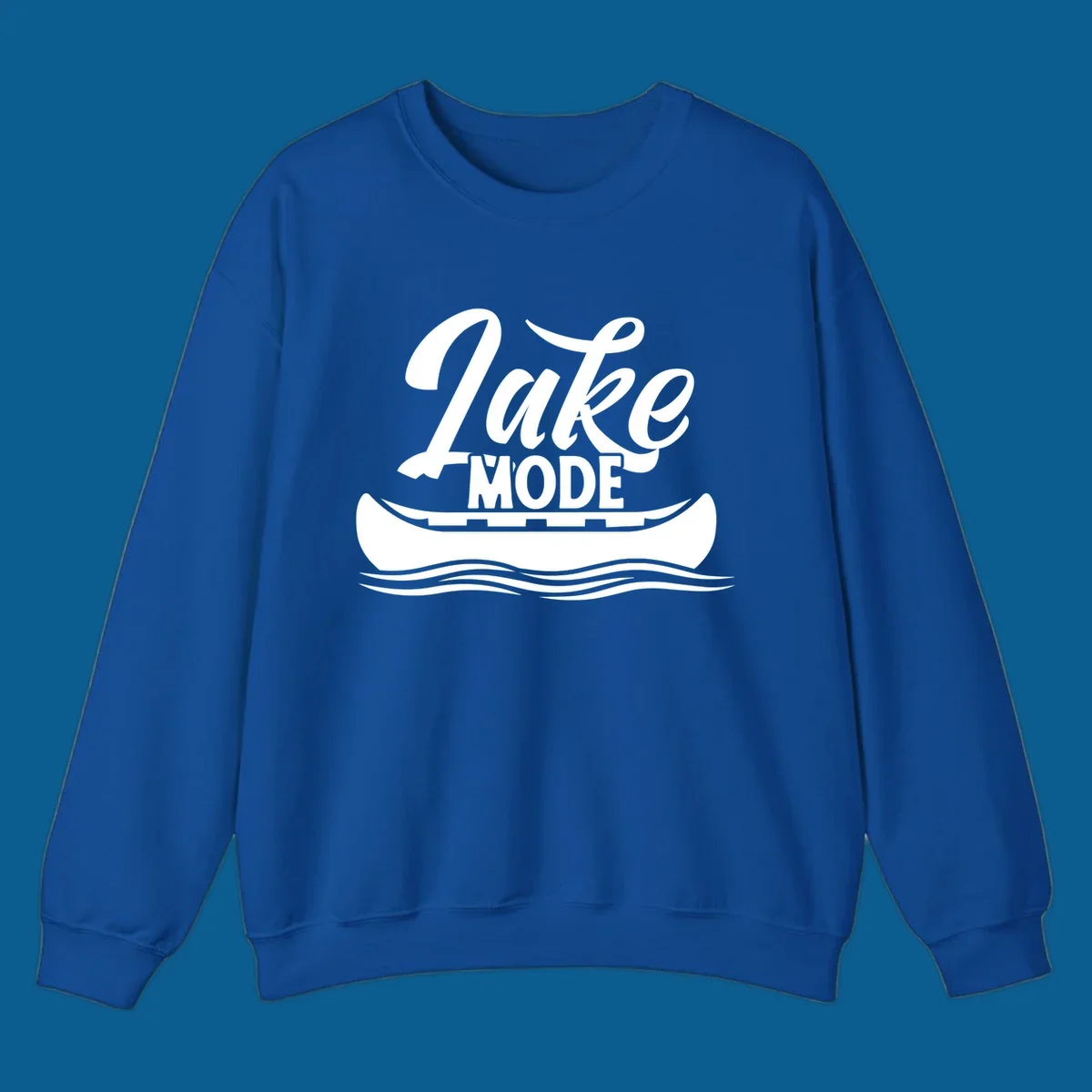 Lake Mode text with canoe and water waves graphic. lake-mode-canoe