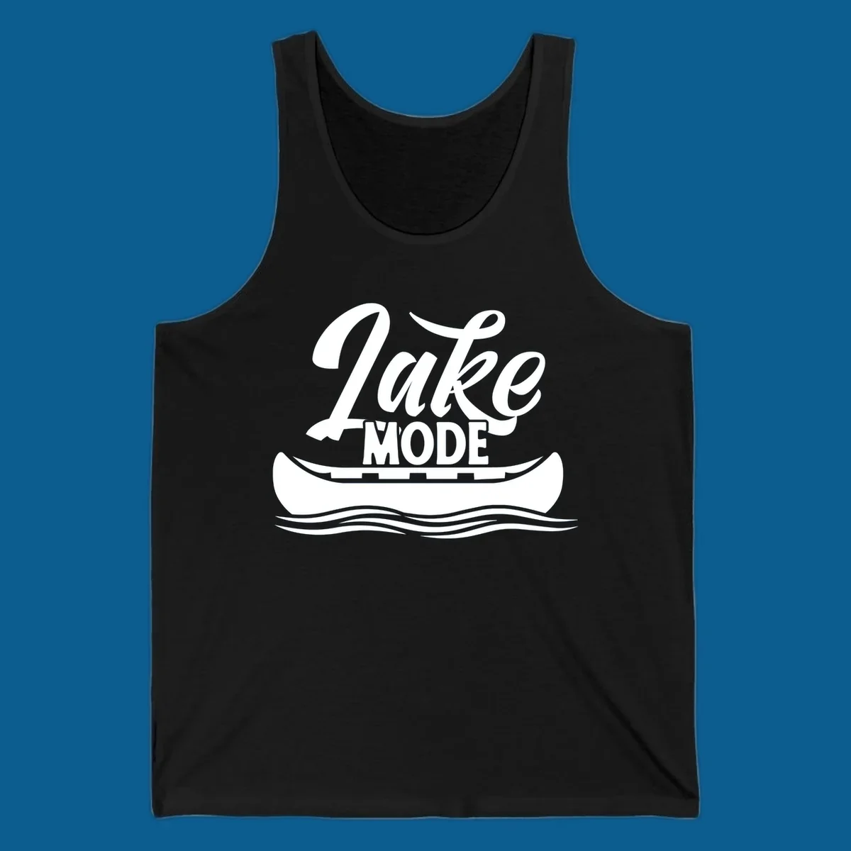 Lake Mode text with canoe and water waves graphic. lake-mode-canoe