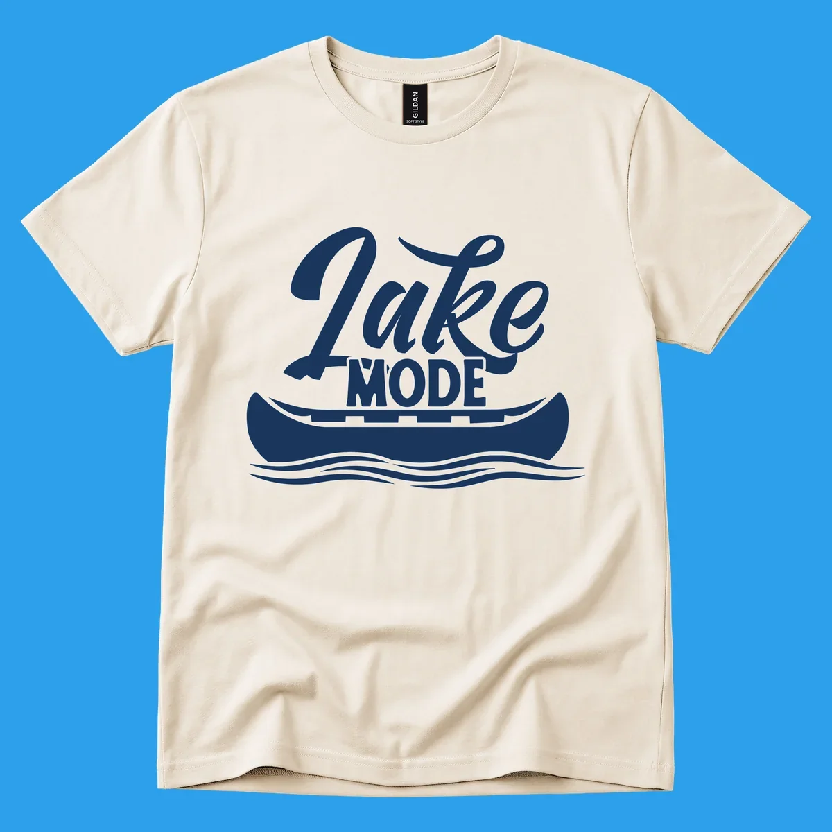 Lake Mode text with canoe and water waves graphic. lake-mode-canoe