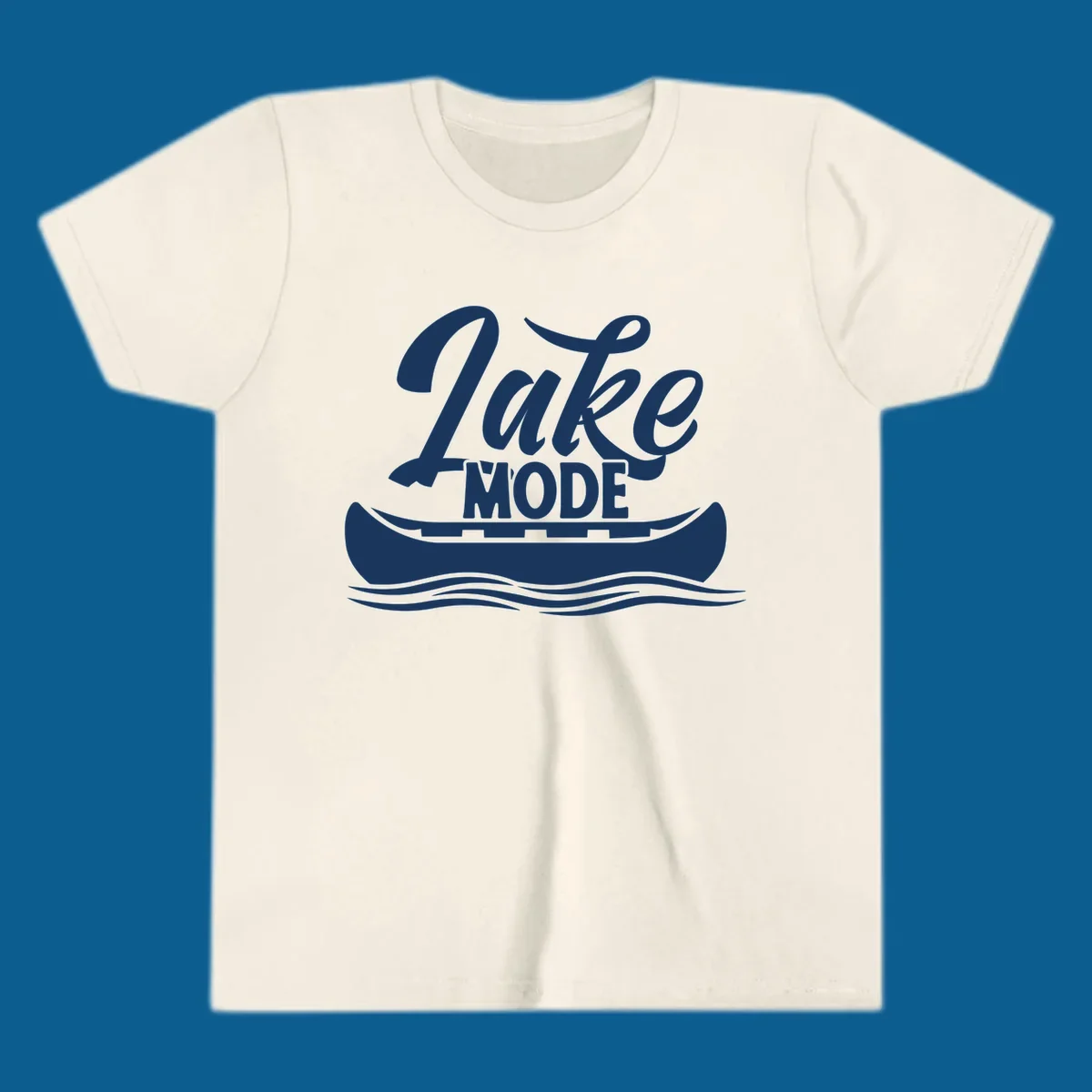 Lake Mode text with canoe and water waves graphic. lake-mode-canoe