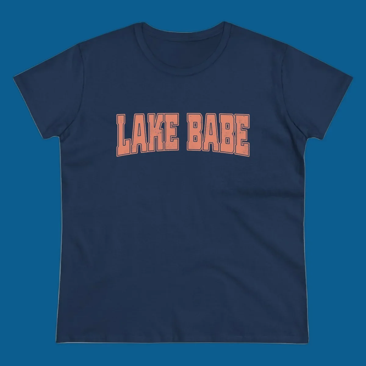 Lake Babe text in coral with distressed texture and thick outline, on black and white backgrounds.