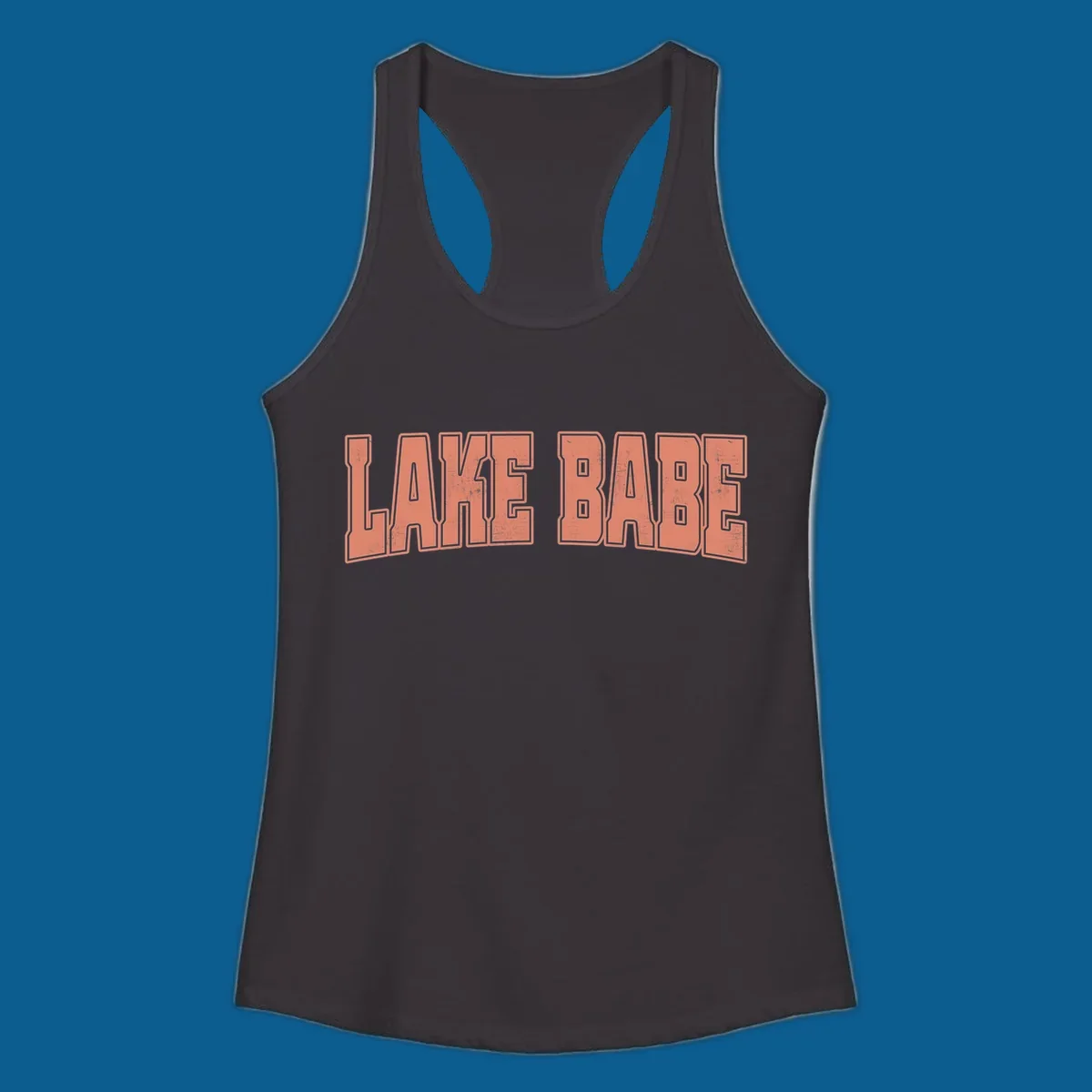 Lake Babe text in coral with distressed texture and thick outline, on black and white backgrounds.