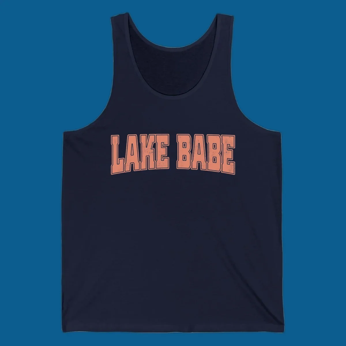 Lake Babe text in coral with distressed texture and thick outline, on black and white backgrounds.