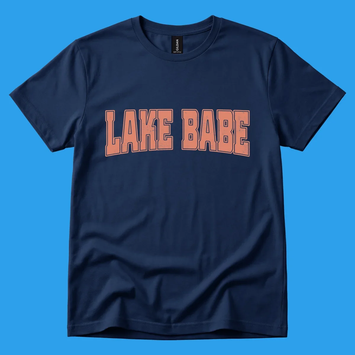 Lake Babe text in coral with distressed texture and thick outline, on black and white backgrounds.