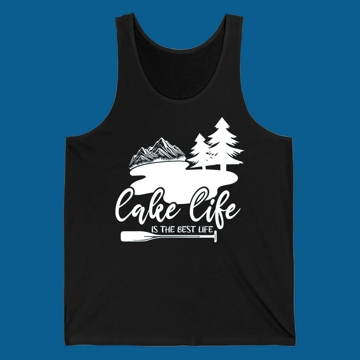 Lake life is the best life design with mountains, trees, lake, and paddle graphic.