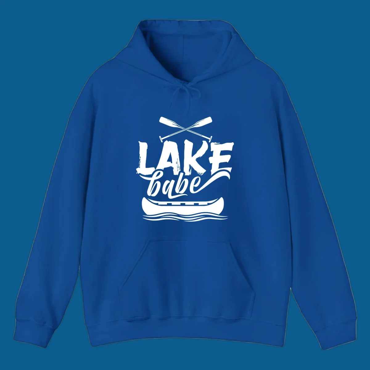 Lake babe text with canoe and oars on water. Primary keyword: lake-babe-canoe