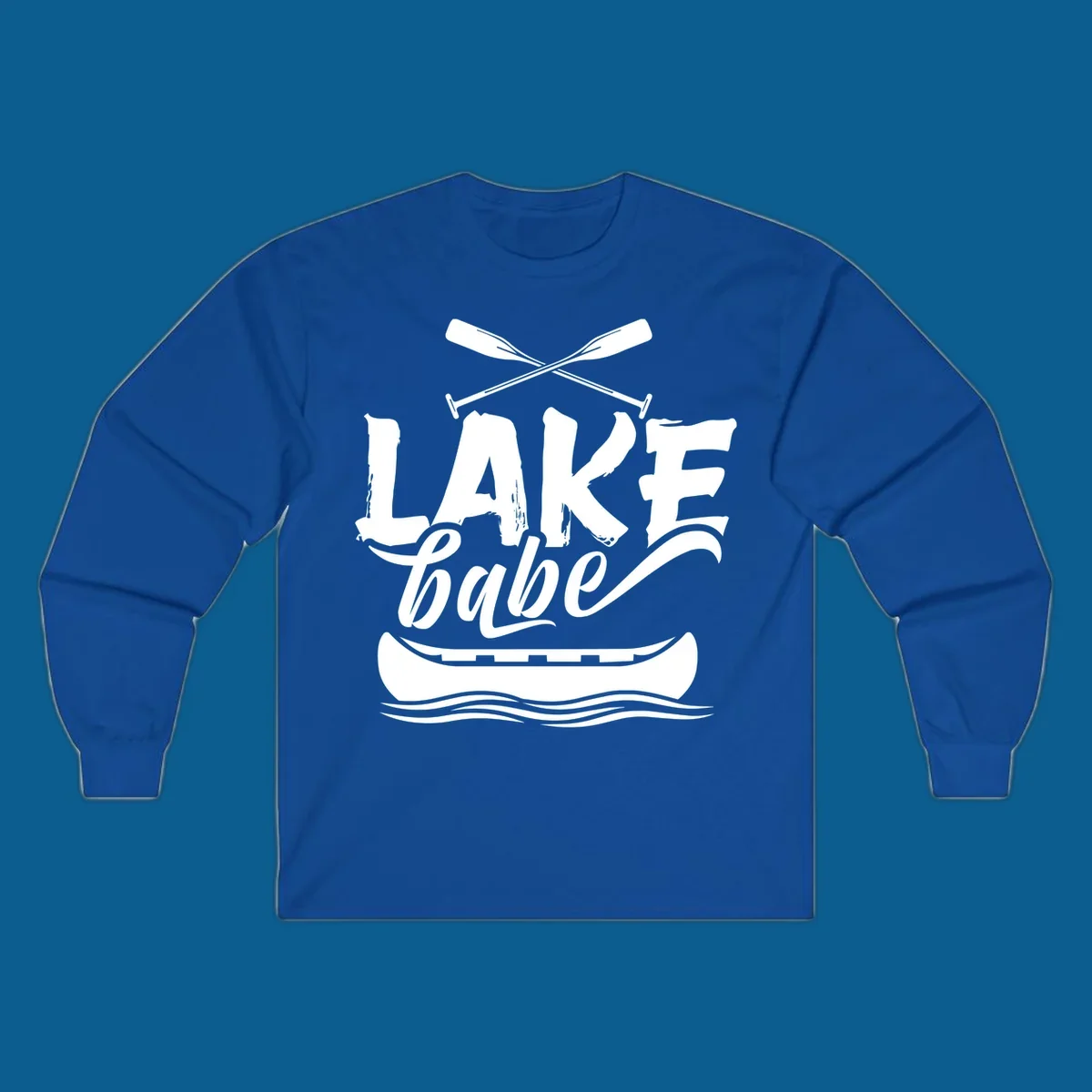Lake babe text with canoe and oars on water. Primary keyword: lake-babe-canoe