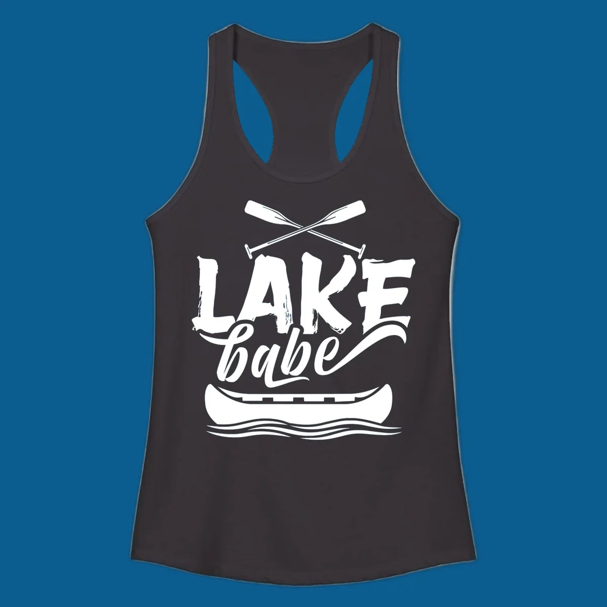 Lake babe text with canoe and oars on water. Primary keyword: lake-babe-canoe