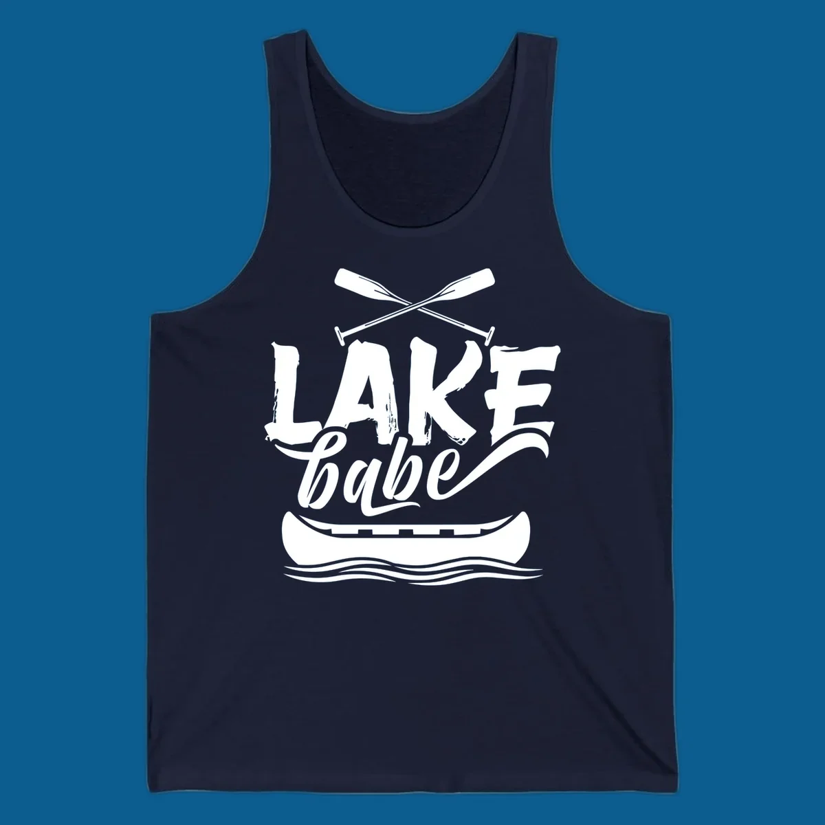Lake babe text with canoe and oars on water. Primary keyword: lake-babe-canoe