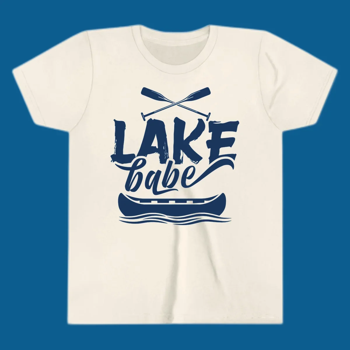 Lake babe text with canoe and oars on water. Primary keyword: lake-babe-canoe