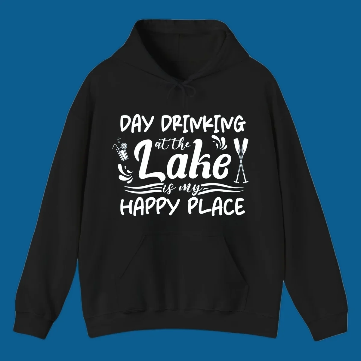 Typography design 'Day Drinking at the Lake is My Happy Place' with lake-themed illustrations.