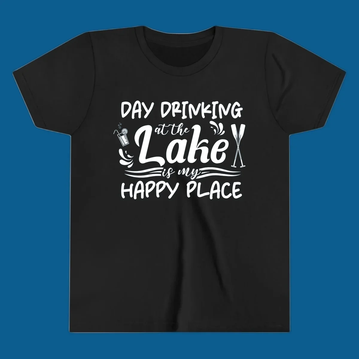 Typography design 'Day Drinking at the Lake is My Happy Place' with lake-themed illustrations.