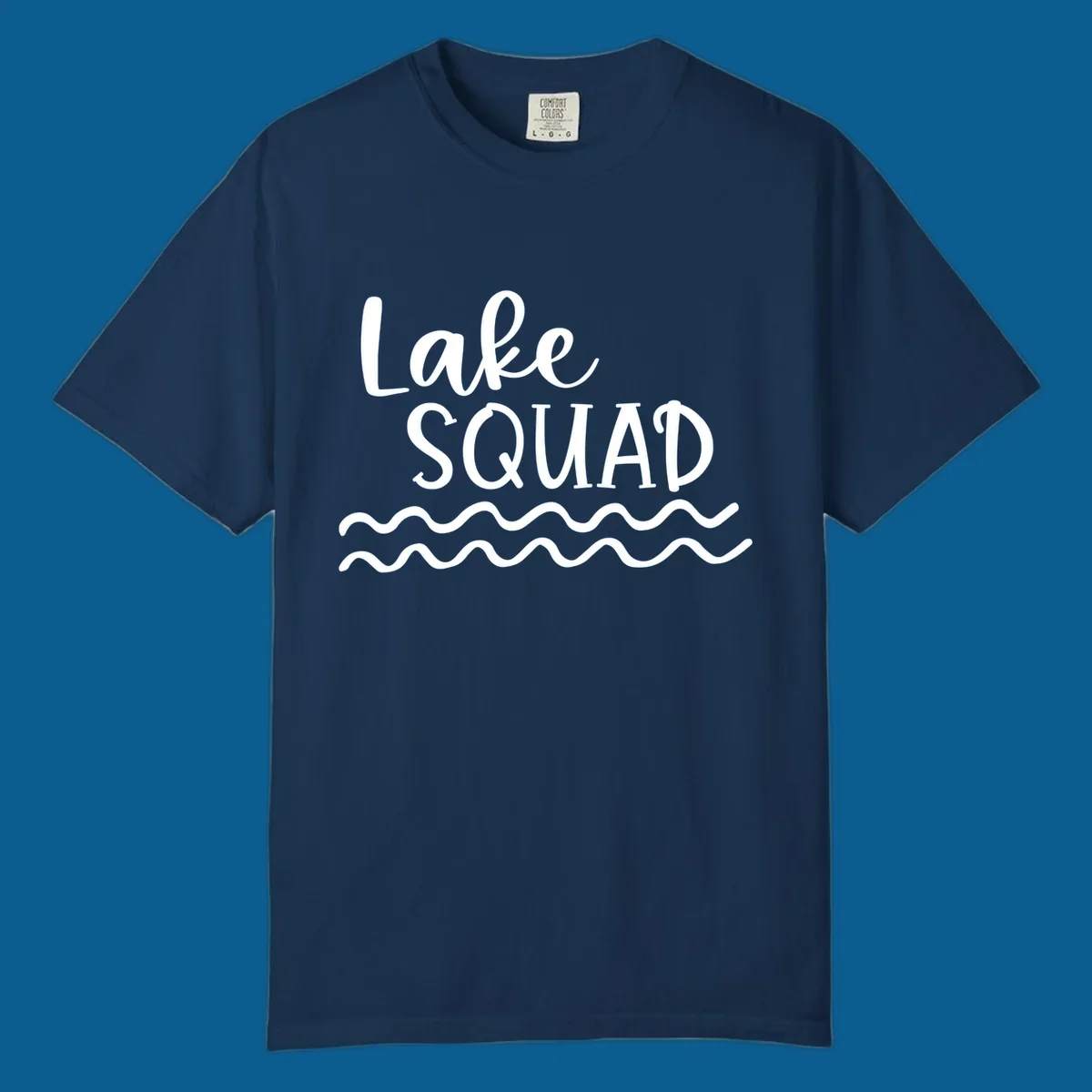 Lake Squad text with wavy water design.