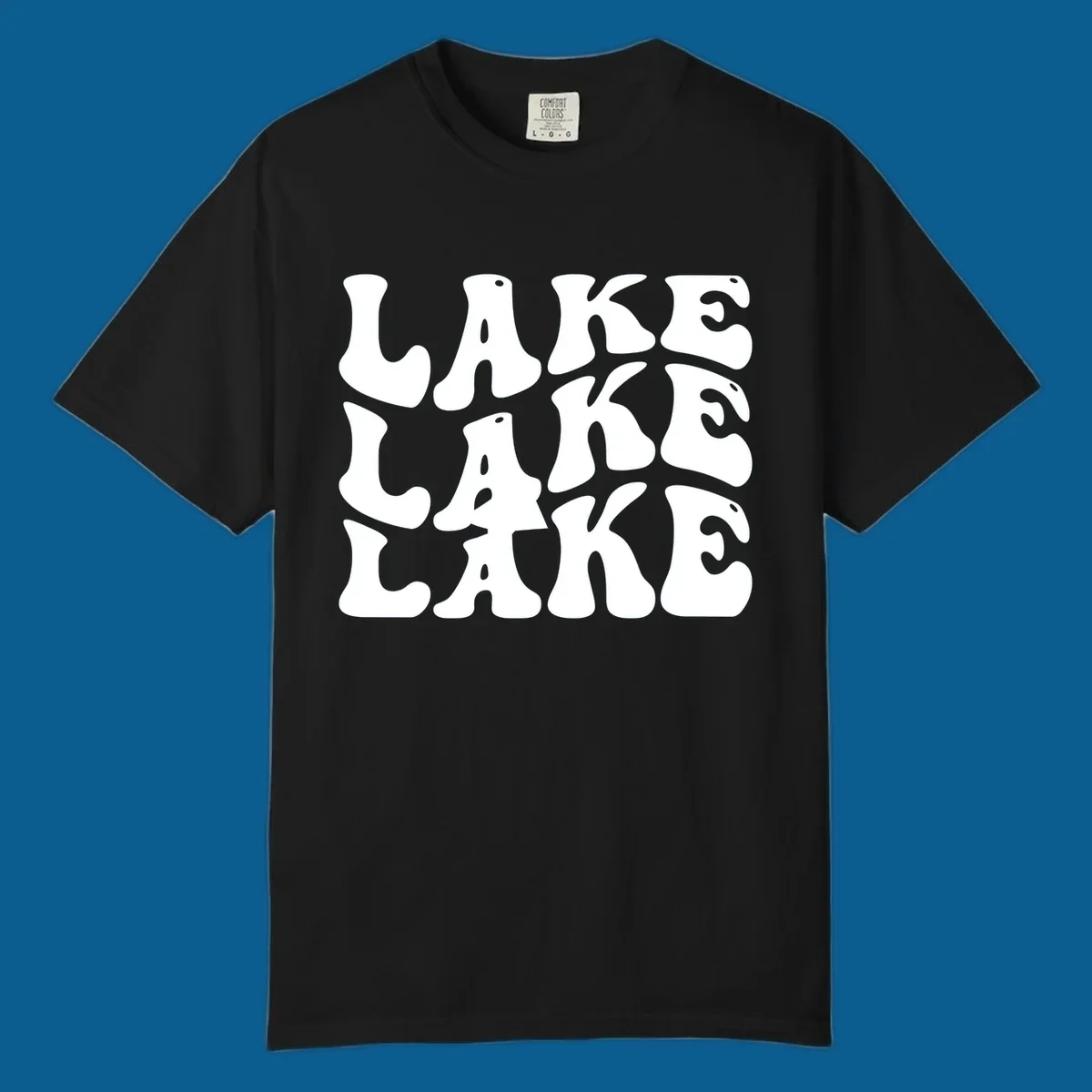 Retro wavy text design spelling LAKE in repeating rows.